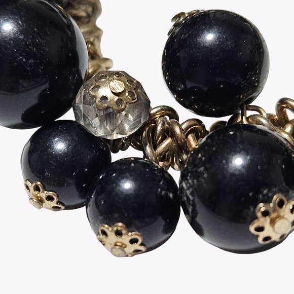 Elegant Black Resin Beaded Gold Tone Cha Cha Bracelet Statement Fashion Jewelry - Picture 2 of 4